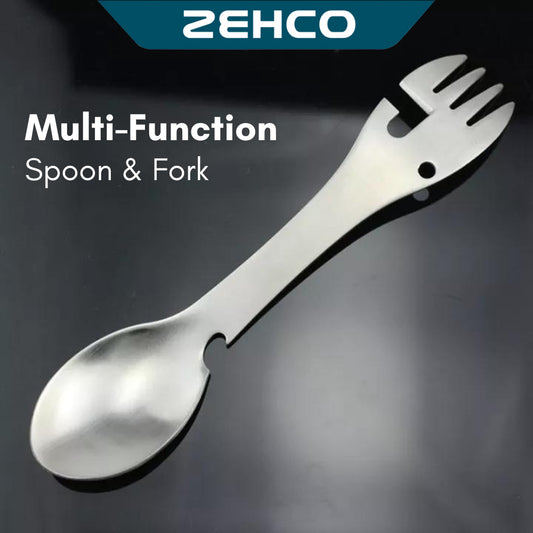 Multifunction 5 In 1 Stainless Steel Fork & Spoon (Cutter/Knife/Bottle Opener/Can Opener) Camping Cutlery 多功能汤匙叉多功能餐具